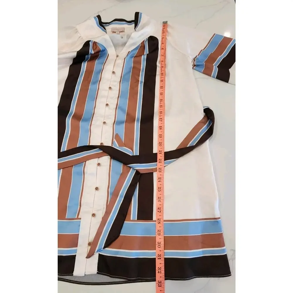 CIEBON Satin belted mini shirt dress Size XS Long Bishop Puff Sleeves Button Up
